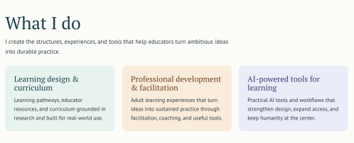 Screenshot from new website explaining "What I do"